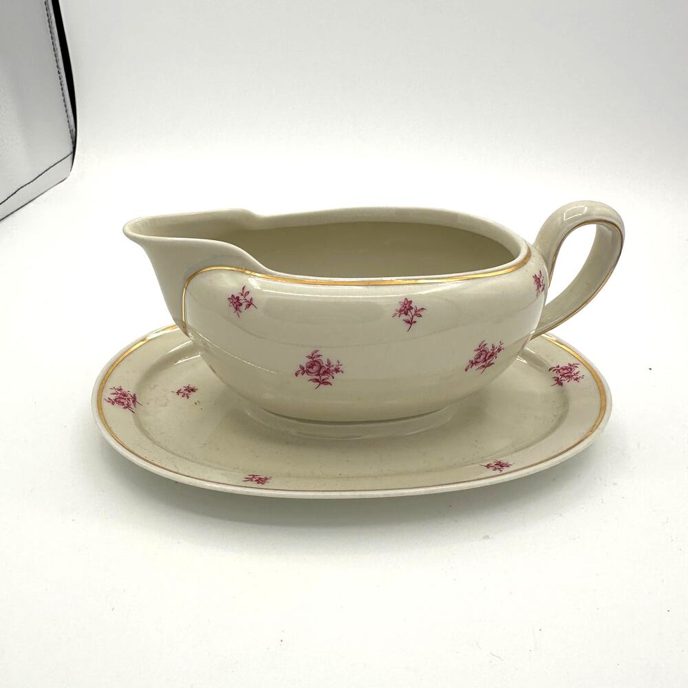 Johann Haviland Bavaria Gravy Boat Underplate Pink Floral Gold Trim Germany VTG